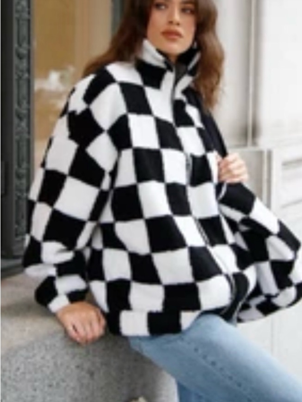Checkerboard Zip-Up Women’s Sherpa Jacket - Black & White
